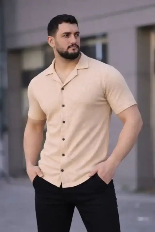Erkek Waffle Dokuma Kumaş Açık Yakalı Düğmeli Gömlek 2’li Set Haki-Bej