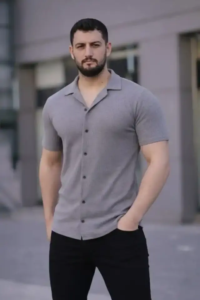 Erkek Waffle Dokuma Kumaş Açık Yakalı Düğmeli Gömlek 2’li Set Beyaz-Gri