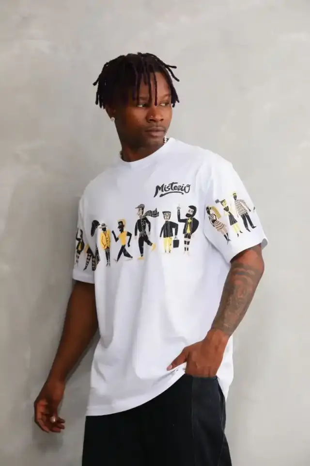 Erkek Kısa Kol Yazlık Tişört Bisiklet Yaka Baskılı Oversize T-Shirt - Beyaz
