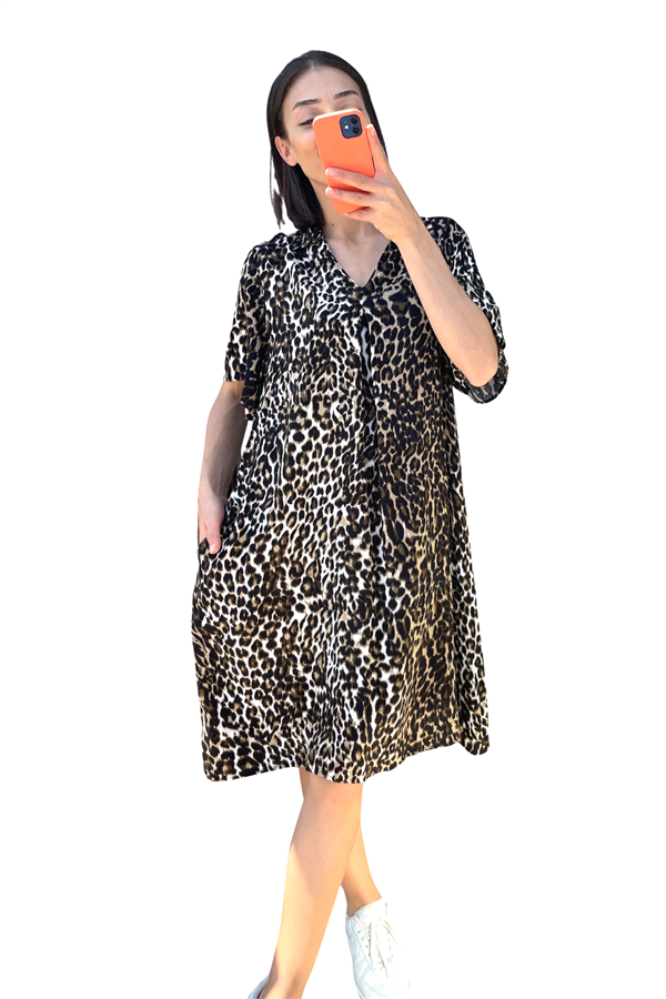 Leopar Desenli Gömlek Yaka Cepli Kısa Elbise