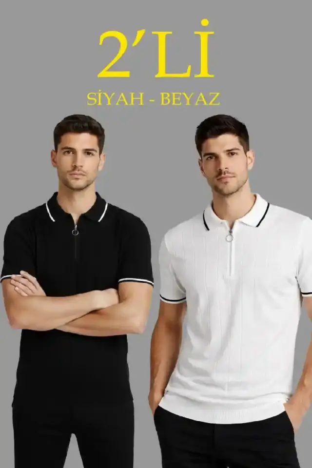 Erkek Triko Tişört Fermuarlı Polo Yaka Yazlık Kısa Kol T-Shirt 2’li Set Beyaz-Siyah