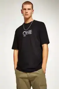 Erkek Baskılı T-Shirt Kısa Kol Bisiklet Yaka Regular Fit Rahat Kalıp Tişört - Siyah