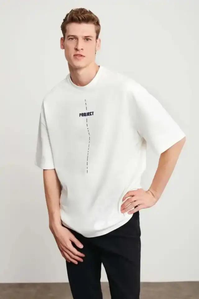 Erkek Baskılı T-Shirt Kısa Kol Bisiklet Yaka Regular Fit Rahat Kalıp Tişört - Beyaz