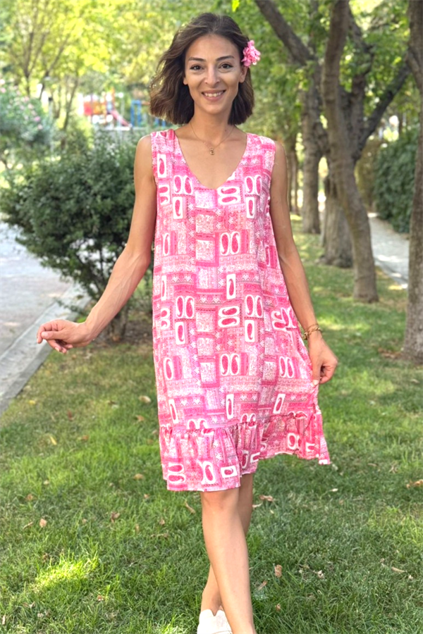 Pembe Desenli Kalın Askılı Fırfırlı Kısa Elbise