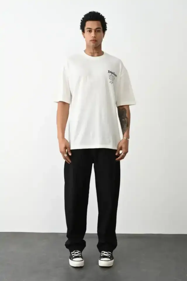 Erkek Kısa Kol Yazlık Tişört Bisiklet Yaka Baskılı Oversize T-Shirt - Beyaz