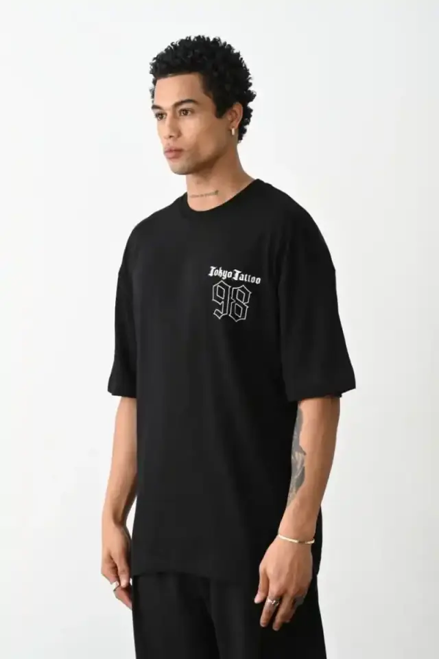 Erkek Kısa Kol Yazlık Tişört Bisiklet Yaka Baskılı Oversize T-Shirt - Siyah