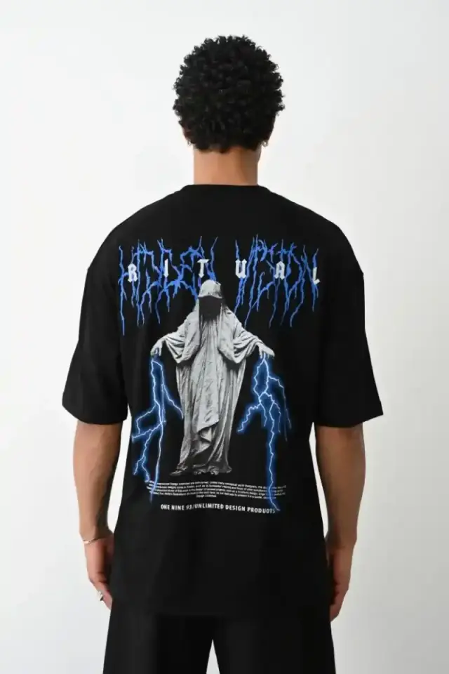Erkek Baskılı Oversize  Kısa kol T-Shirt - Siyah
