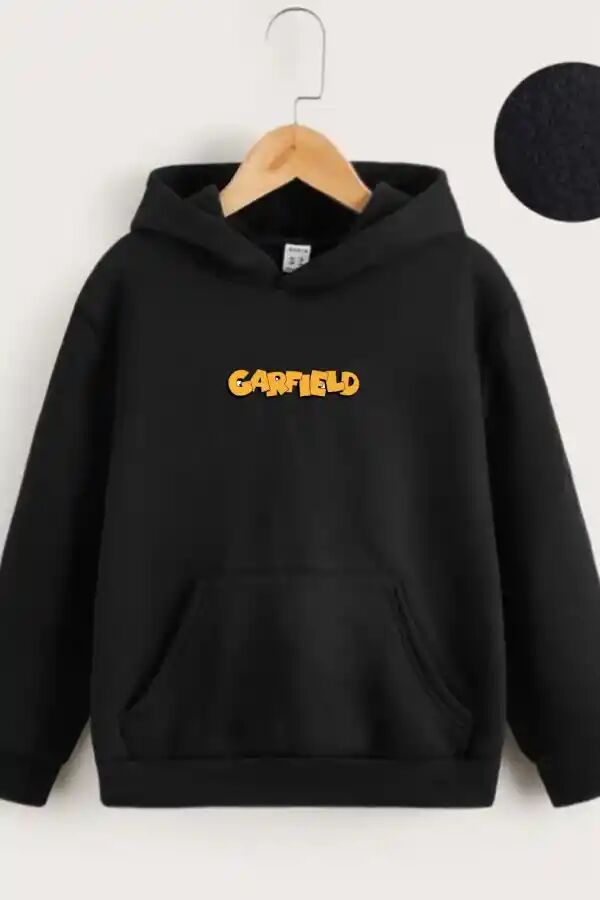 Çocuk Unisex Kapüşonlu Ön ve Arka Garfield Baskılı Sweatshirt - Siyah