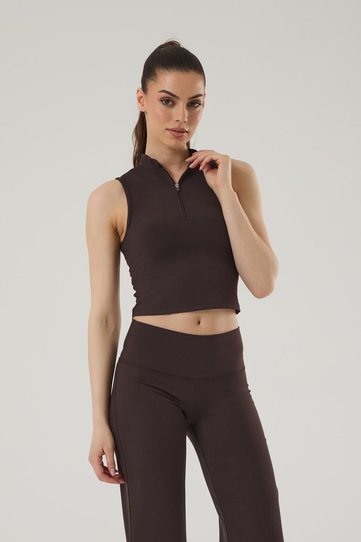 Kadın Yarım Fermuarlı Spor Atlet 4011 Kahverengi - XL