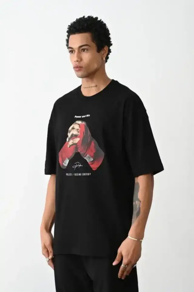 Erkek Boxy Eldiven Baskılı T-Shirt Kısa Kol Bisiklet Yaka Tişört - Siyah