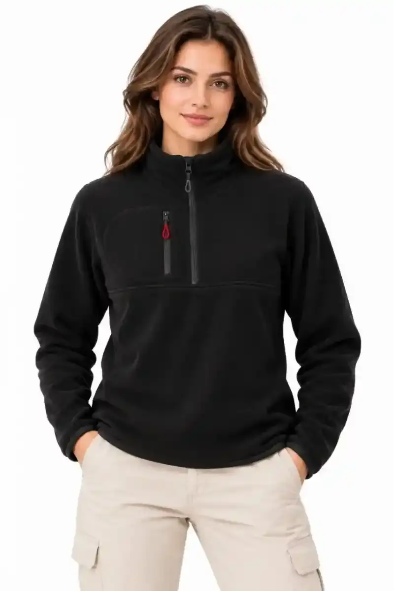 Kadın Polar Yarım Fermuarlı Göğüs Cepli Regular Fit Kışlık Sweatshirt - Siyah