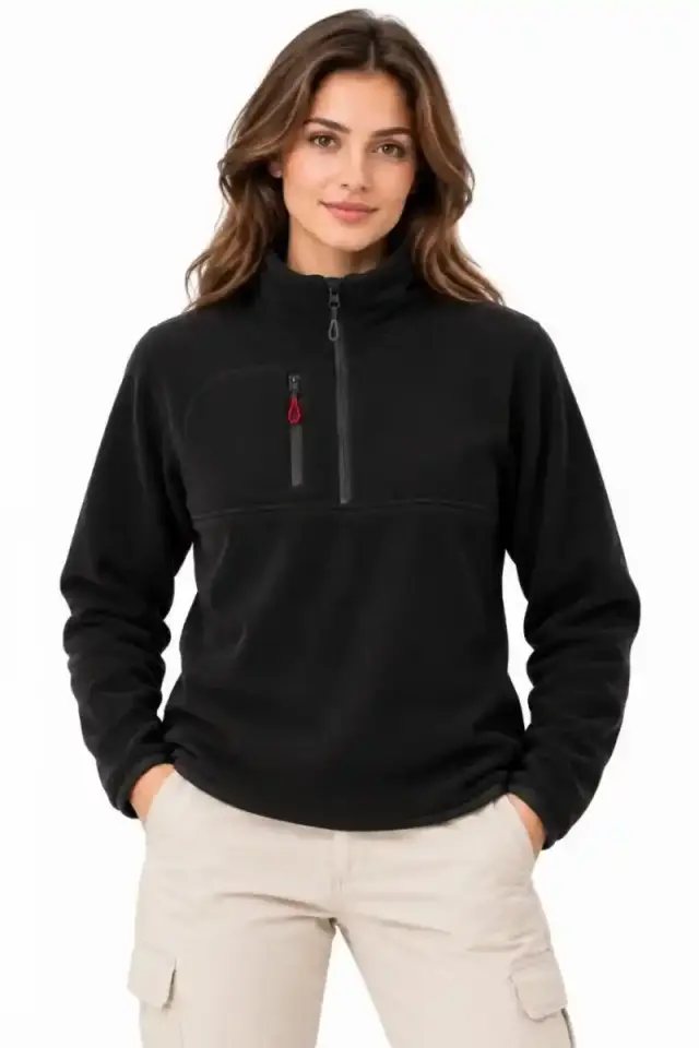 Kadın Polar Yarım Fermuarlı Göğüs Cepli Regular Fit Kışlık Sweatshirt - Siyah