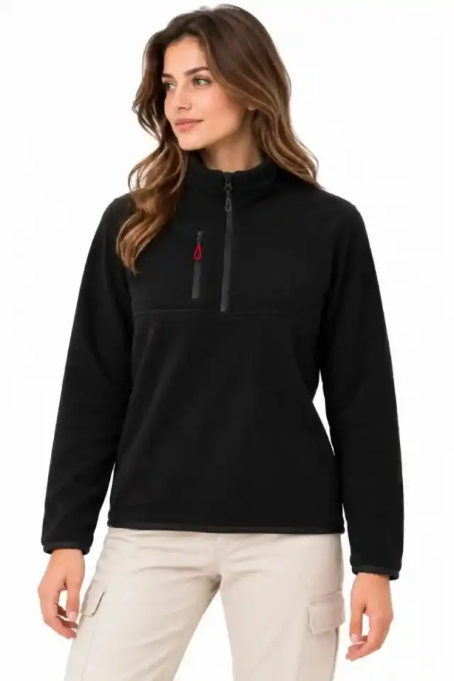 Kadın Polar Yarım Fermuarlı Göğüs Cepli Regular Fit Kışlık Sweatshirt - Siyah