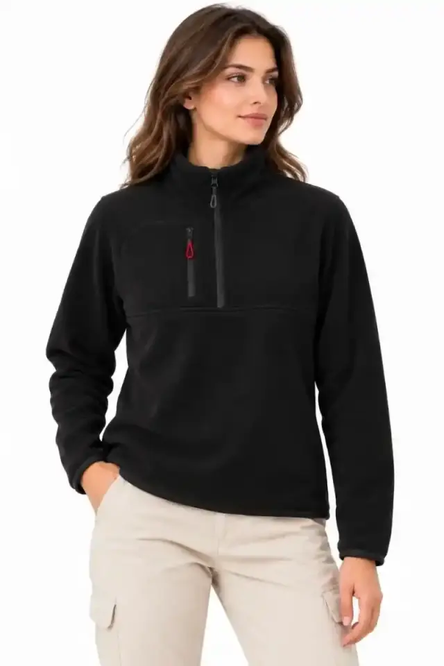 Kadın Polar Yarım Fermuarlı Göğüs Cepli Regular Fit Kışlık Sweatshirt - Siyah