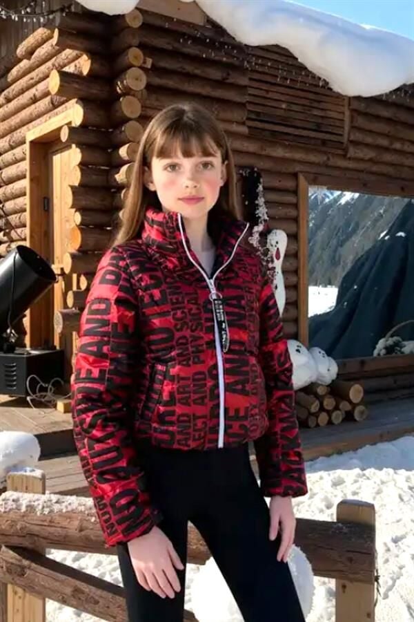 Kız Çocuk Kırmızı Parlak Yazılı Şişme Mont