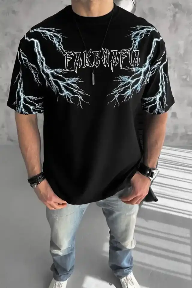 Erkek Bisiklet Yaka Tişört Yıldırım Şimşek Baskılı Kısa Kol T-Shirt -Siyah
