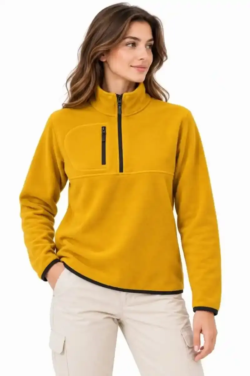 Kadın Polar Yarım Fermuarlı Göğüs Cepli Regular Fit Kışlık Sweatshirt - Hardal Sarısı