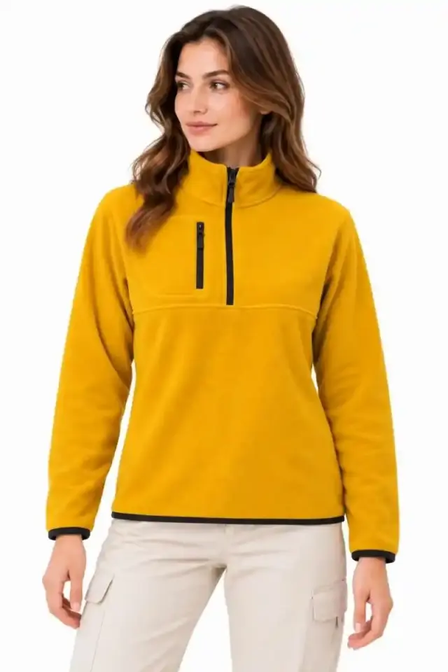 Kadın Polar Yarım Fermuarlı Göğüs Cepli Regular Fit Kışlık Sweatshirt - Hardal Sarısı