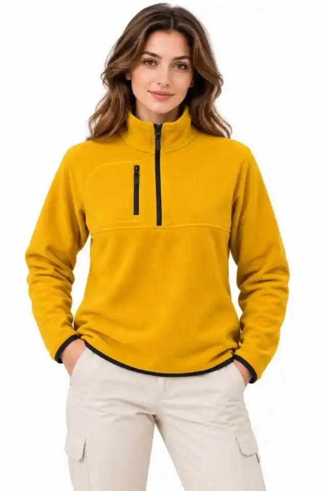 Kadın Polar Yarım Fermuarlı Göğüs Cepli Regular Fit Kışlık Sweatshirt - Hardal Sarısı