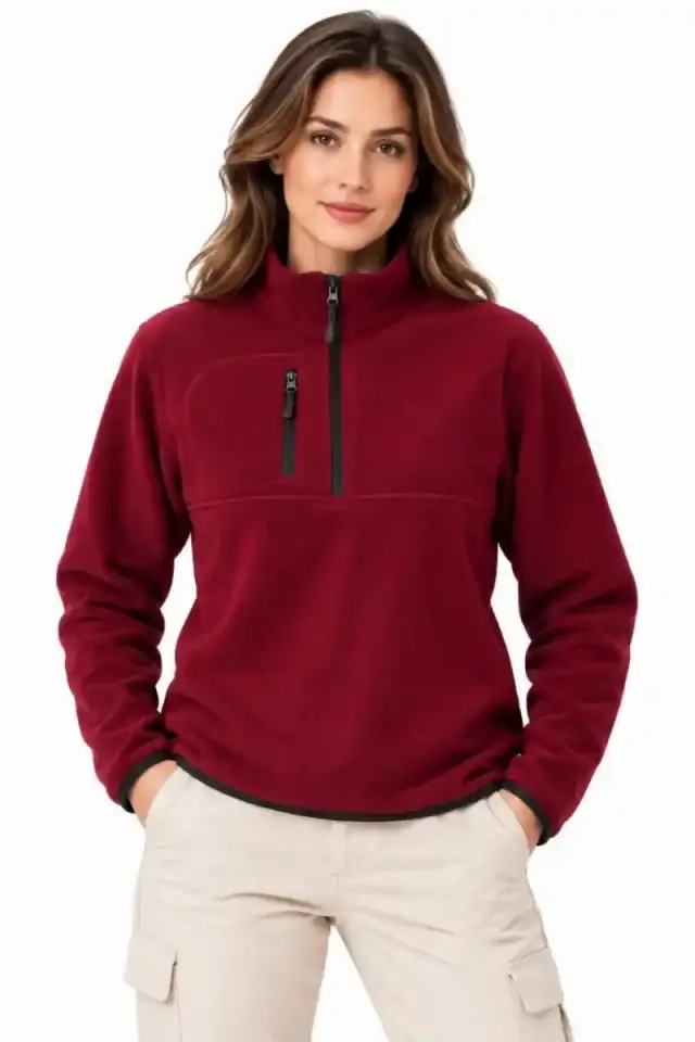 Kadın Polar Yarım Fermuarlı Göğüs Cepli Regular Fit Kışlık Sweatshirt - Bordo