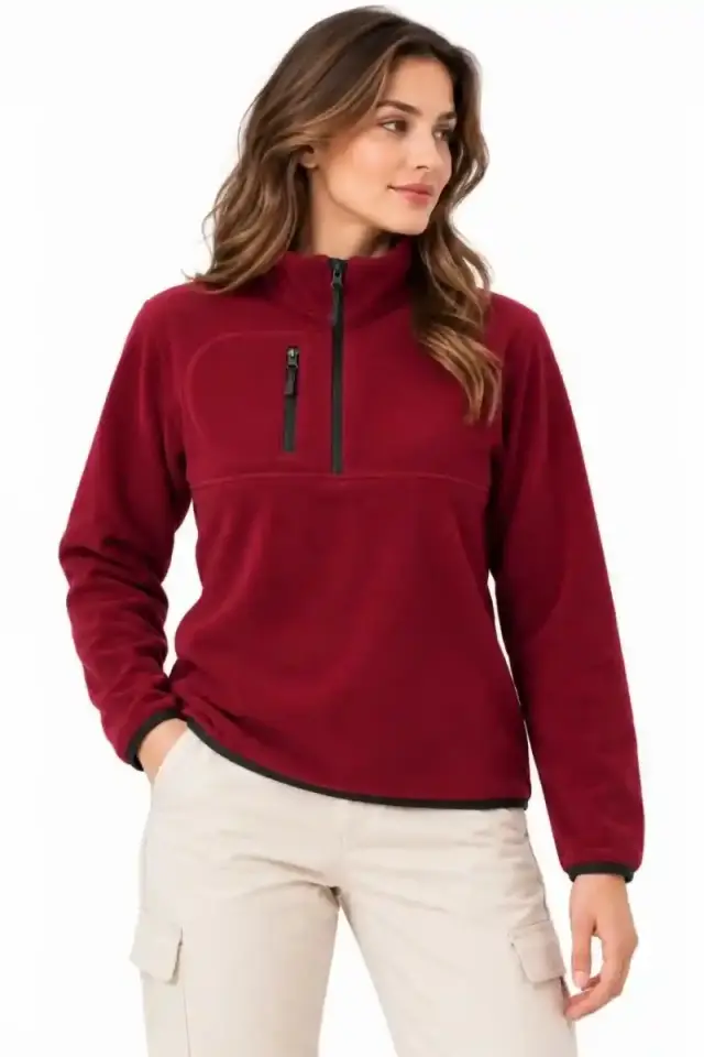 Kadın Polar Yarım Fermuarlı Göğüs Cepli Regular Fit Kışlık Sweatshirt - Bordo