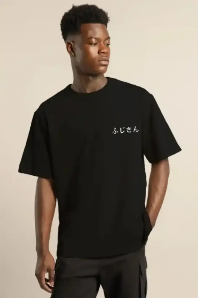 Erkek Kısa Kol Yazlık Tişört Bisiklet Yaka Baskılı Oversize T-Shirt - Siyah
