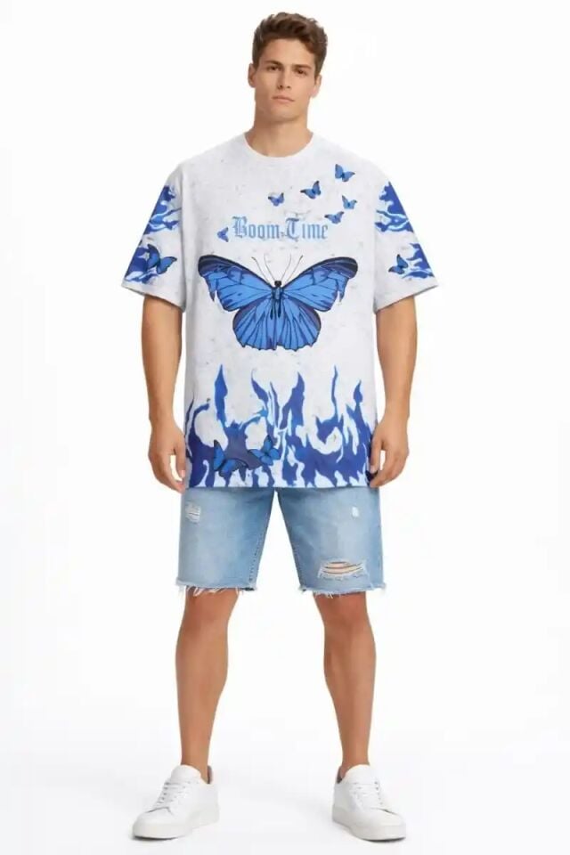 Erkek Asit Yıkamalı Oversize Tişört Bisiklet Yaka Kısa Kol T-shirt - Beyaz