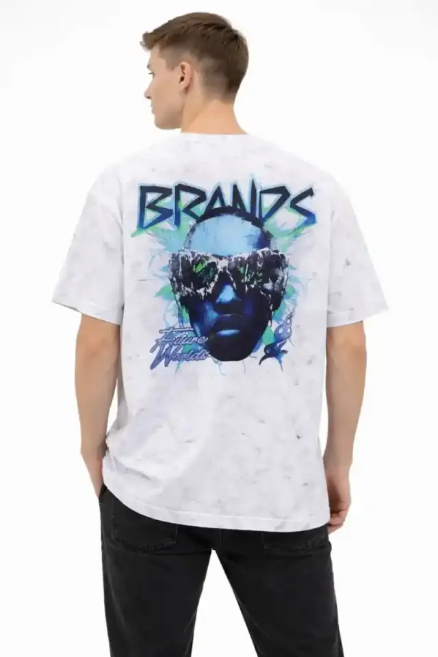 Erkek Asit Yıkamalı Oversize Tişört Bisiklet Yaka Kısa Kol T-shirt - Beyaz