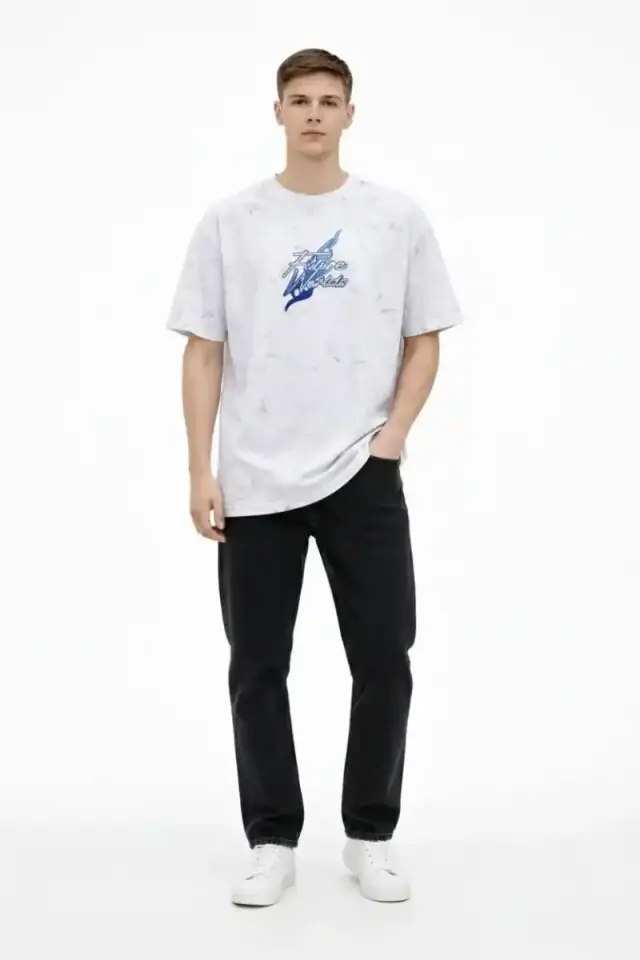 Erkek Asit Yıkamalı Oversize Tişört Bisiklet Yaka Kısa Kol T-shirt - Beyaz