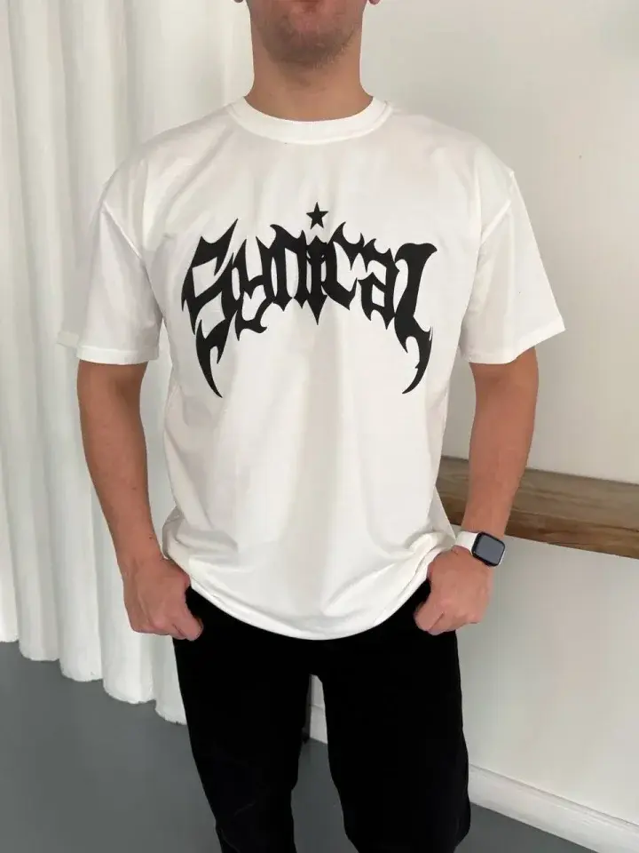 Erkek Bisiklet Yaka Ön Baskılı Kısa Kollu Tişört Streetwear Günlük Basic Pamuklu T-shirt - Beyaz