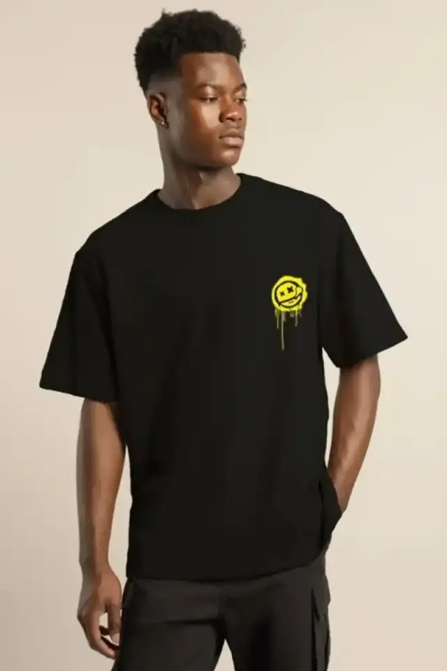 Erkek Kısa Kol Yazlık Tişört Bisiklet Yaka Baskılı Oversize T-Shirt - Siyah