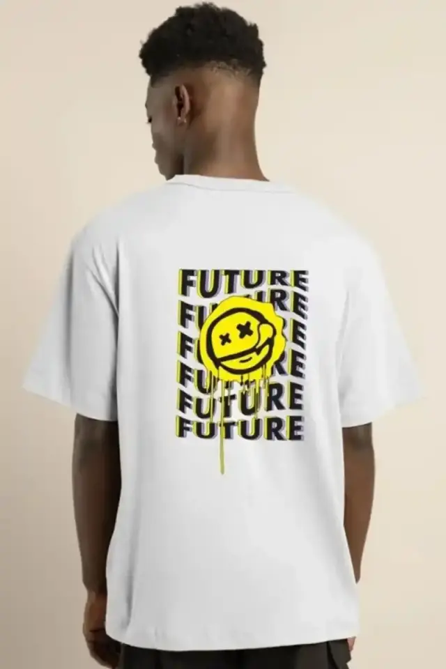 Erkek Kısa Kol Yazlık Tişört Bisiklet Yaka Baskılı Oversize T-Shirt - Beyaz