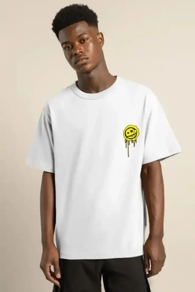 Erkek Kısa Kol Yazlık Tişört Bisiklet Yaka Baskılı Oversize T-Shirt - Beyaz