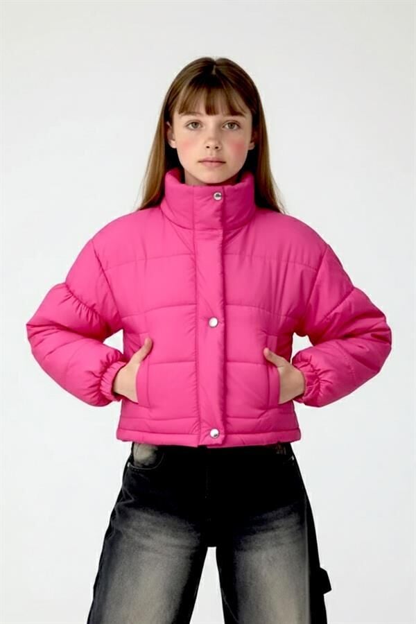 Kız Çocuk Pembe Çıtçıtlı Fermuarlı Şişme Mont