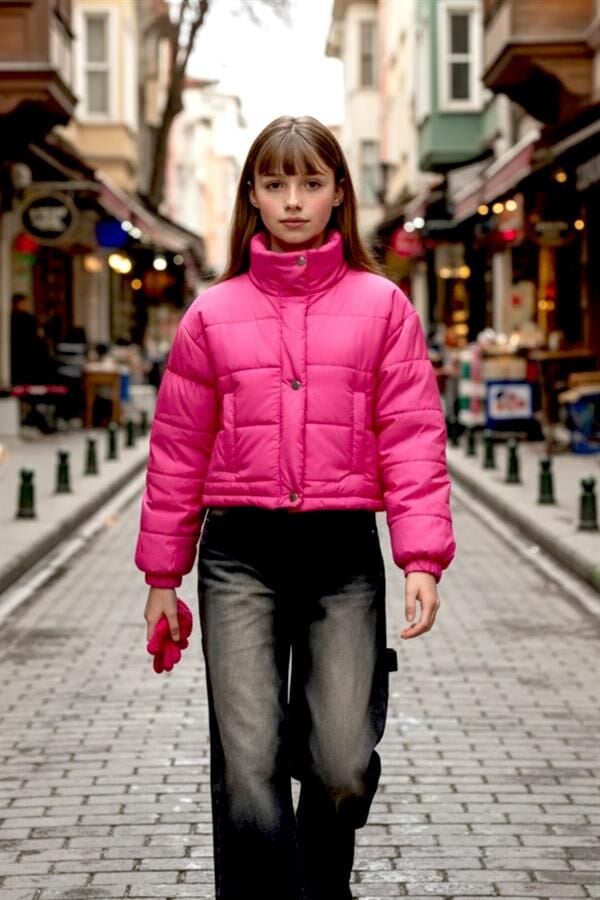 Kız Çocuk Pembe Çıtçıtlı Fermuarlı Şişme Mont