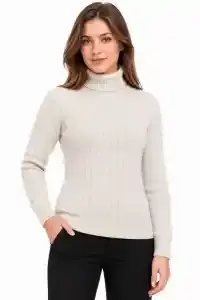 Kadın Balıkçı Yaka Tam Boğazlı Kalın Fitilli Regular Fit Triko Kazak - Bej