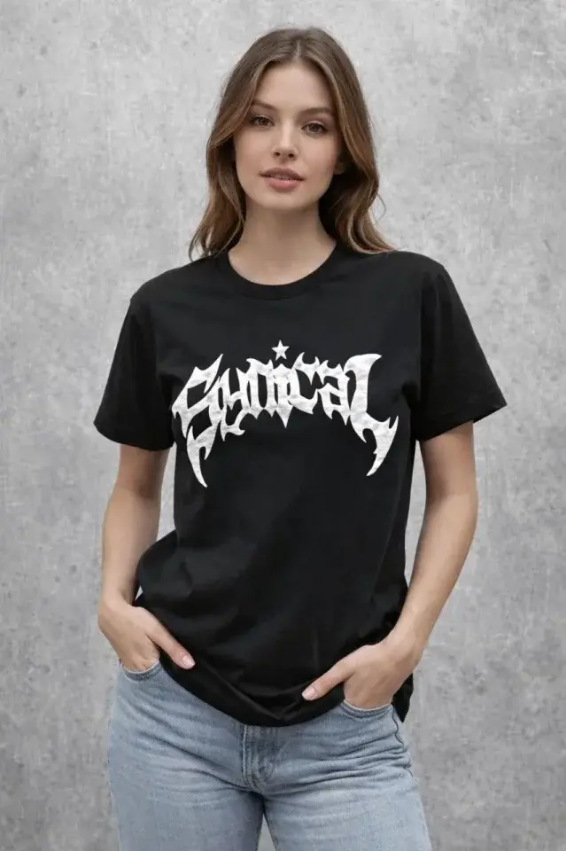 Bisiklet Yaka Ön Baskılı  Kısa Kollu Tişört Streetwear Günlük Basic Pamuklu T-shirt - Siyah