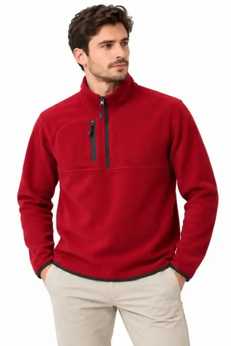 Erkek Polar Yarım Fermuarlı Göğüs Cepli Regular Fit Kışlık Sweatshirt - Bordo