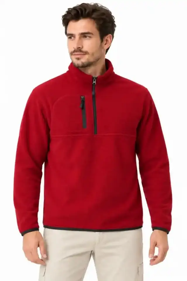 Erkek Polar Yarım Fermuarlı Göğüs Cepli Regular Fit Kışlık Sweatshirt - Bordo