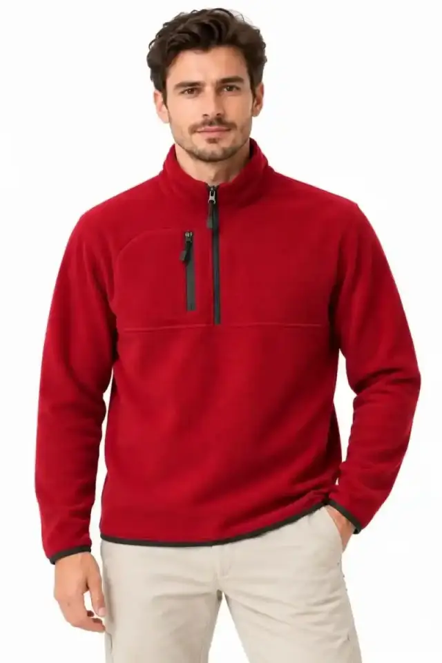 Erkek Polar Yarım Fermuarlı Göğüs Cepli Regular Fit Kışlık Sweatshirt - Bordo