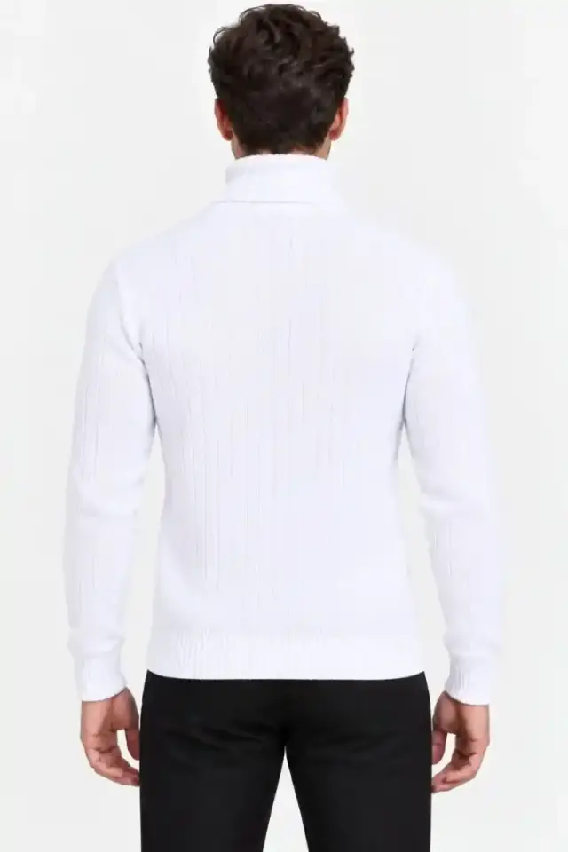 Erkek Balıkçı Yaka Tam Boğazlı Kalın Fitilli Regular Fit Triko Kazak - Beyaz