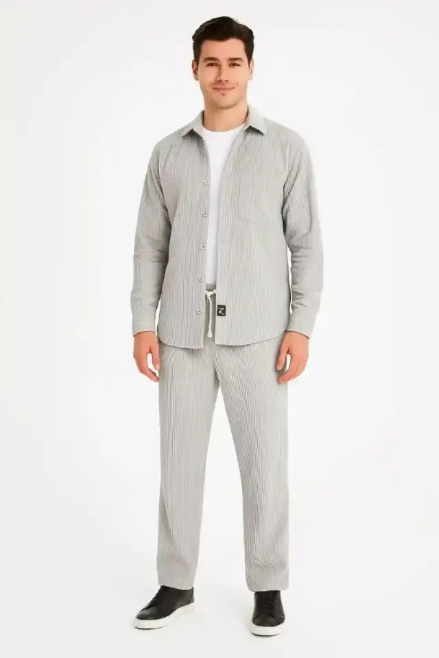 Erkek Kadife Oversize Takım Gömlek Pantolon İkili Set - Gri