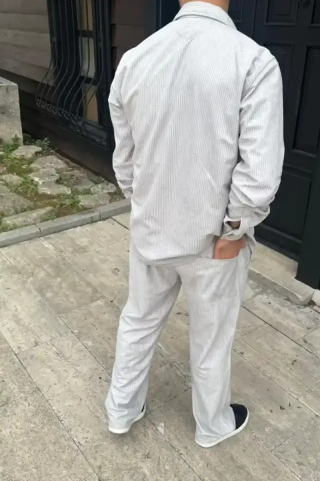 Erkek Kadife Oversize Takım Gömlek Pantolon İkili Set - Gri