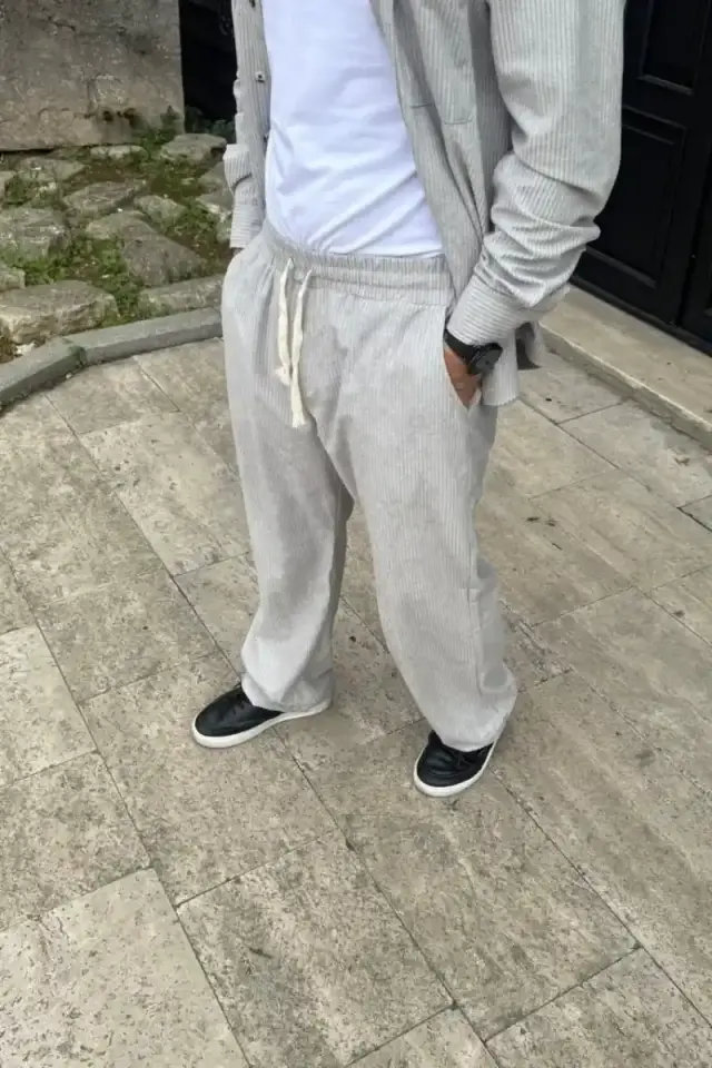 Erkek Kadife Oversize Takım Gömlek Pantolon İkili Set - Gri