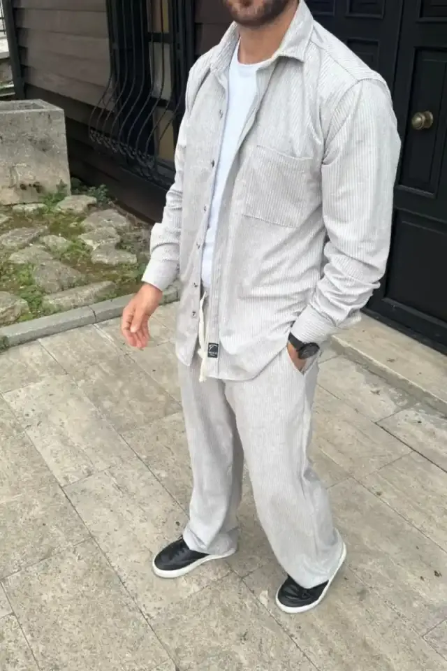 Erkek Kadife Oversize Takım Gömlek Pantolon İkili Set - Gri