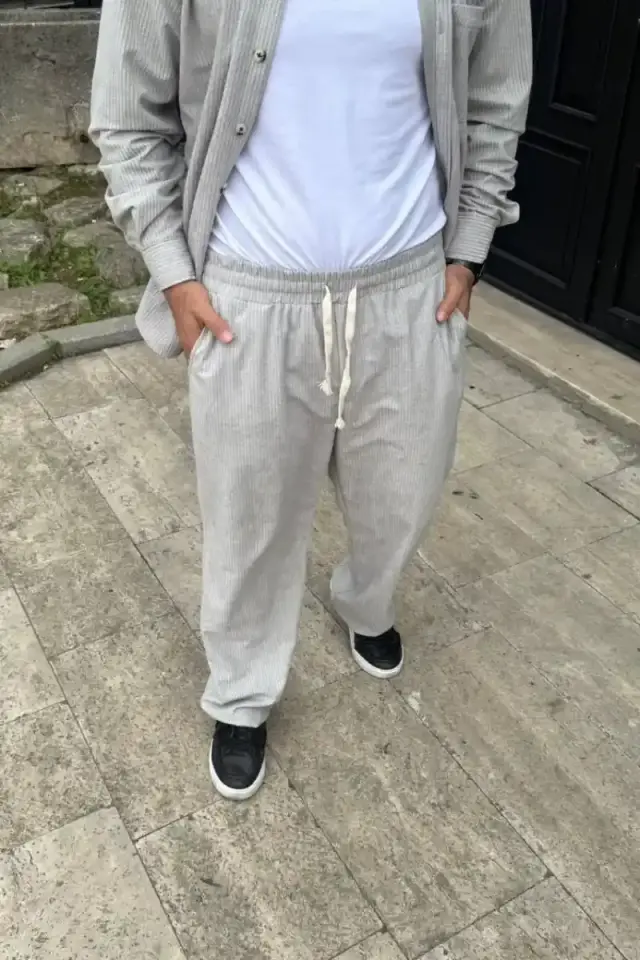 Erkek Kadife Oversize Takım Gömlek Pantolon İkili Set - Gri