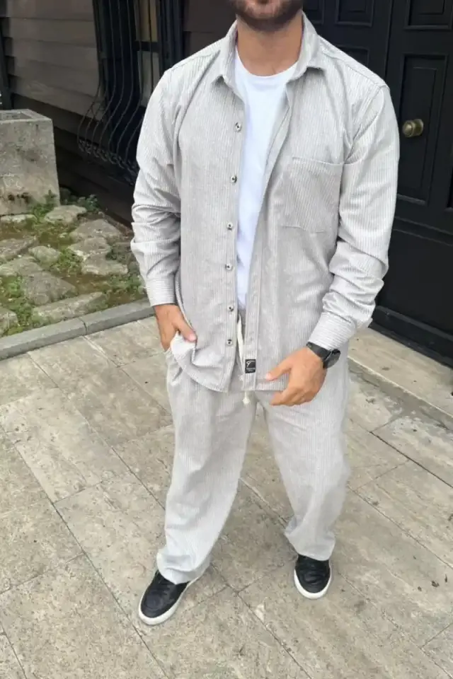 Erkek Kadife Oversize Takım Gömlek Pantolon İkili Set - Gri