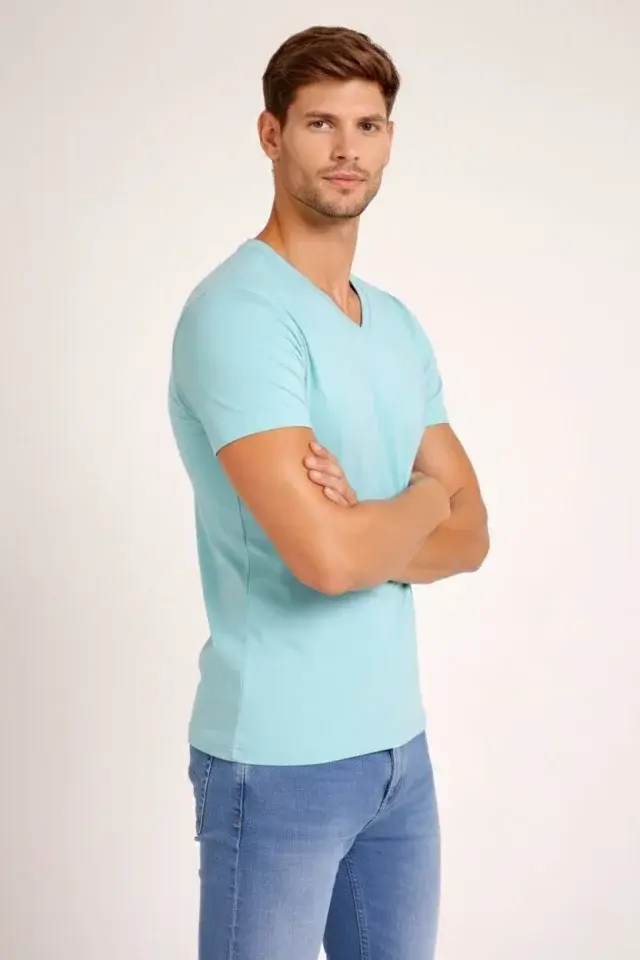 Erkek T-Shirt V Yaka Slim Fit Dar Kesim Likralı Tişört Günlük Basic Body - Turkuvaz