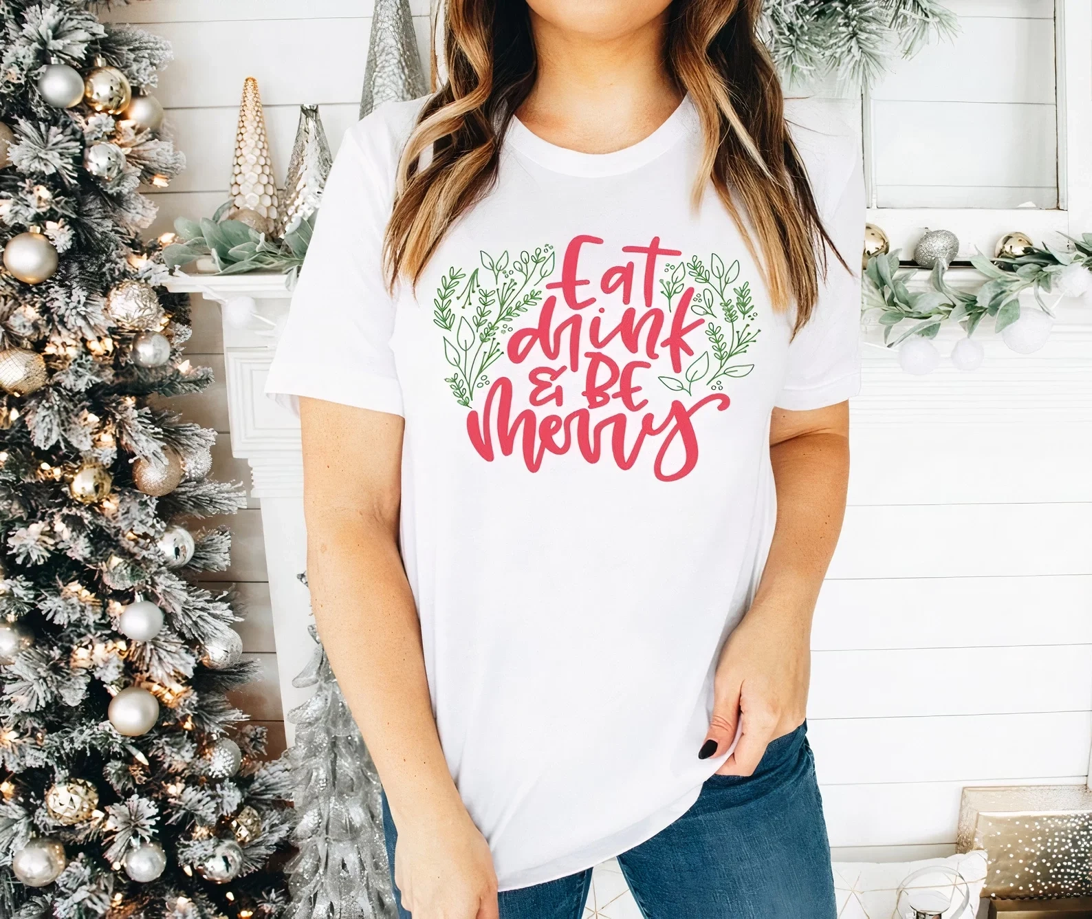 Yılbaşı Noel Baskılı Kısa Kollu Oversize Bisiklet Yaka T-shirt - Beyaz