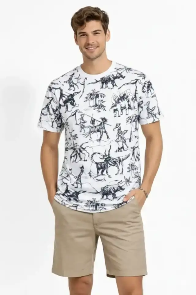 Erkek Dinozor Dijıtal ön ve arka Baskılı Tişört Bisiklet Yaka T-Shirt - Beyaz